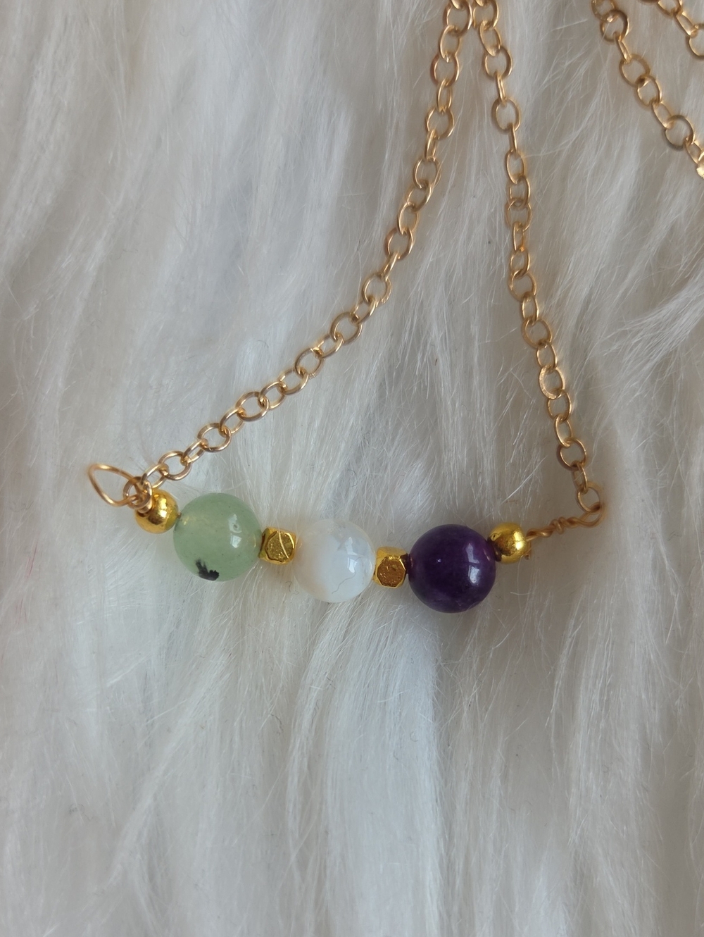Gold Chain Bracelet with Green, White & Purple Beads